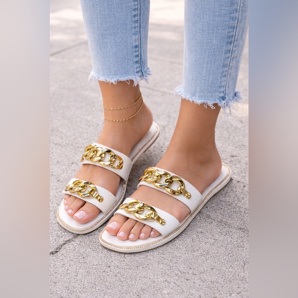 Lauren Lorraine White Sandals with Gold Chain
